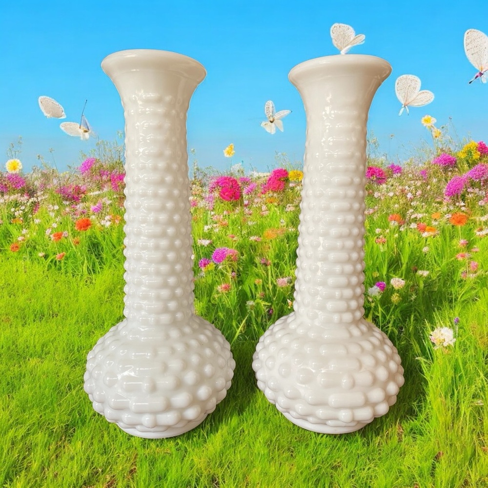 Vintage EO Brody White Milk Glass Hobnail Bud Vases Pair MCM